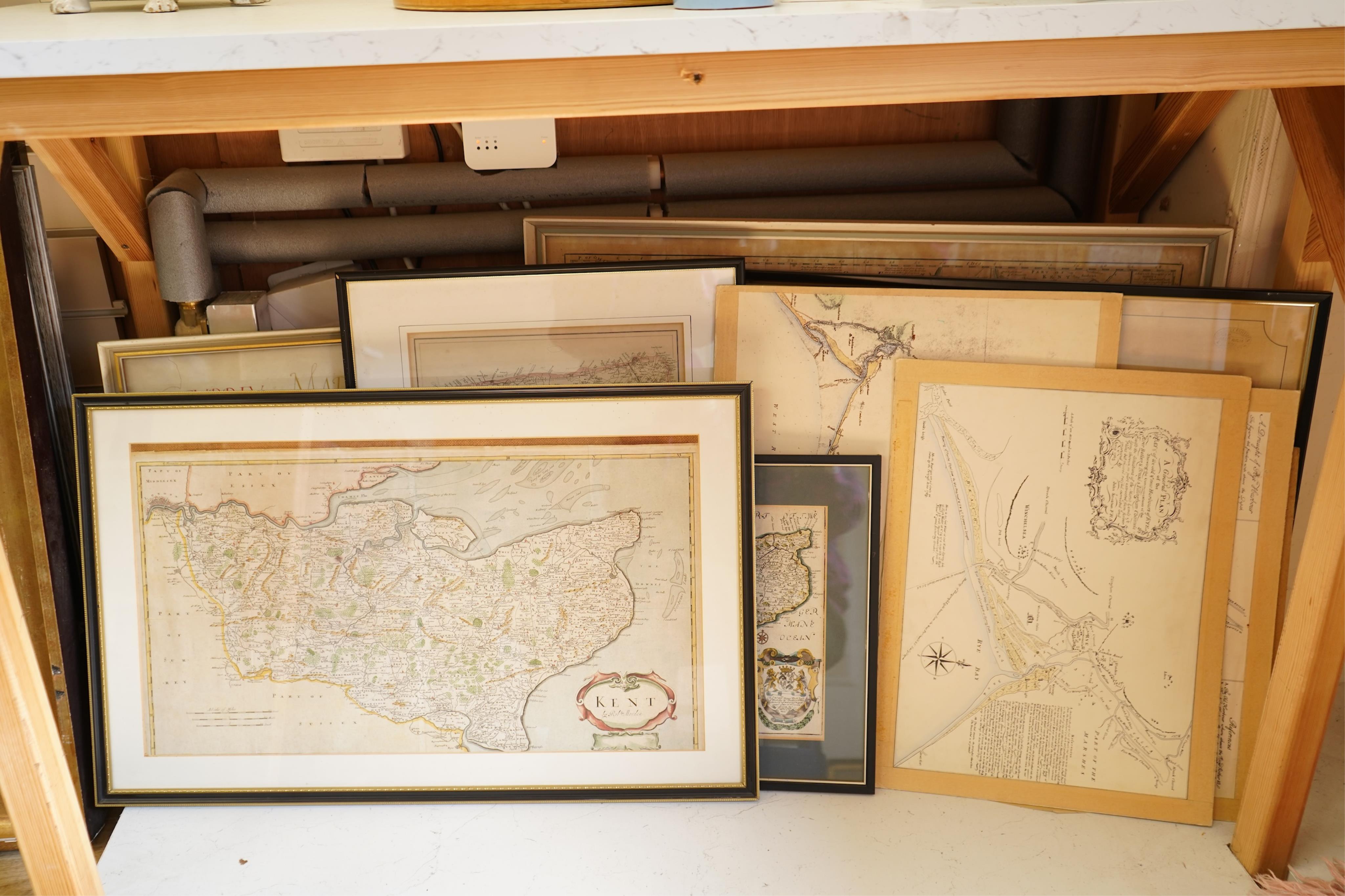 A collection of maps, mostly Kent and Rye harbour to include: Emmanuel Bowen, an accurate map of the County of Kent divided into its lathes, printed for Laurie and Whittle, London, one by Leslie C Benenson and one by Ric